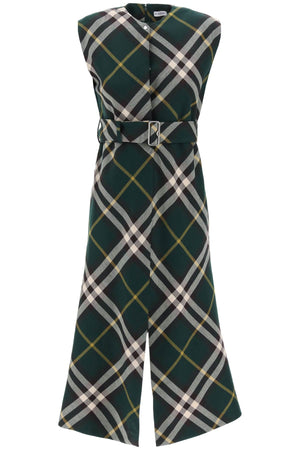 BURBERRY Ivy Green Wool Midi Dress with Nova Check Print and Silver-Tone Hardware