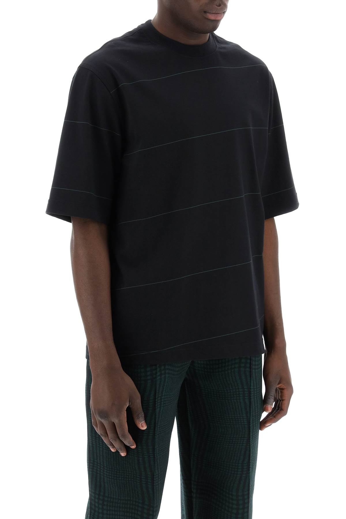 BURBERRY Men's Black Striped T-Shirt with EKD Embroidery