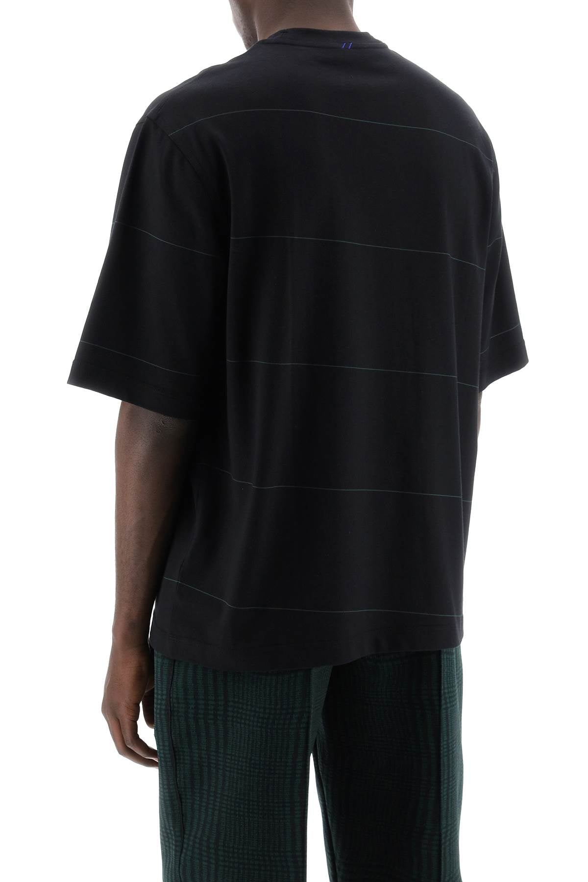 BURBERRY Men's Black Striped T-Shirt with EKD Embroidery