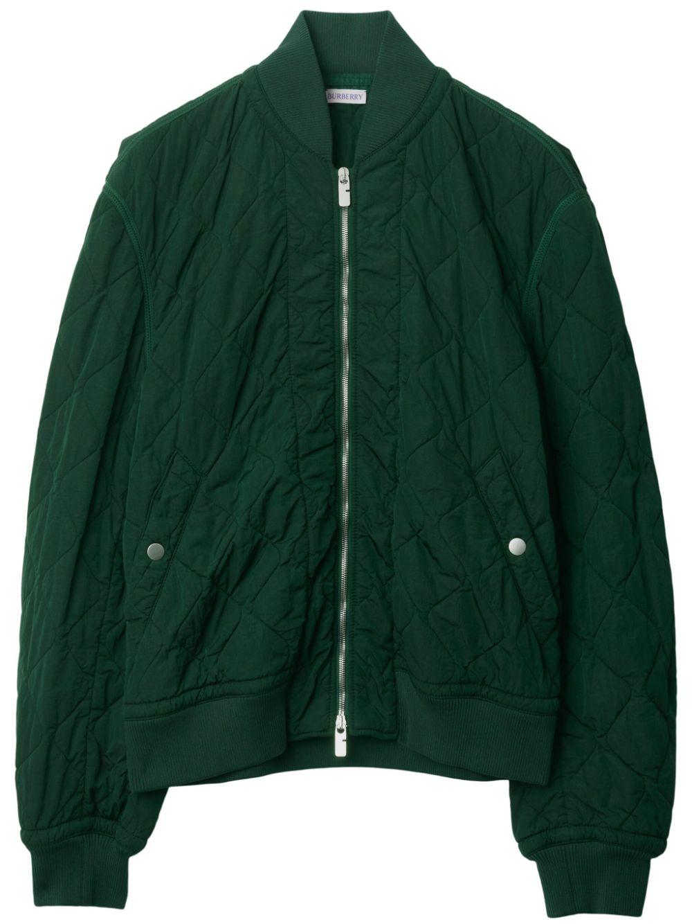 BURBERRY Green Quilted Nylon Bomber Jacket with Equestrian Knight Design