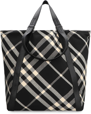 BURBERRY Men's Black Tartan Motif Tote Handbag with Leather Details and Multiple Pockets