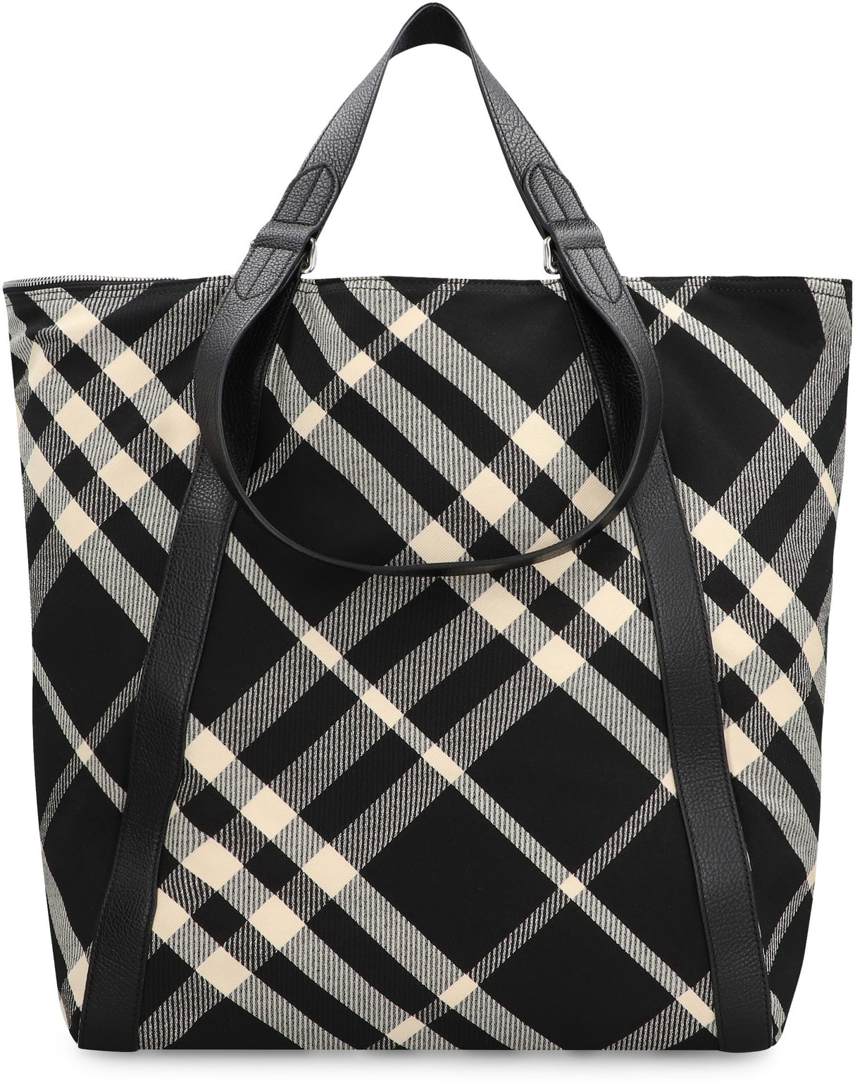 BURBERRY Men's Black Tartan Motif Tote Handbag with Leather Details and Multiple Pockets