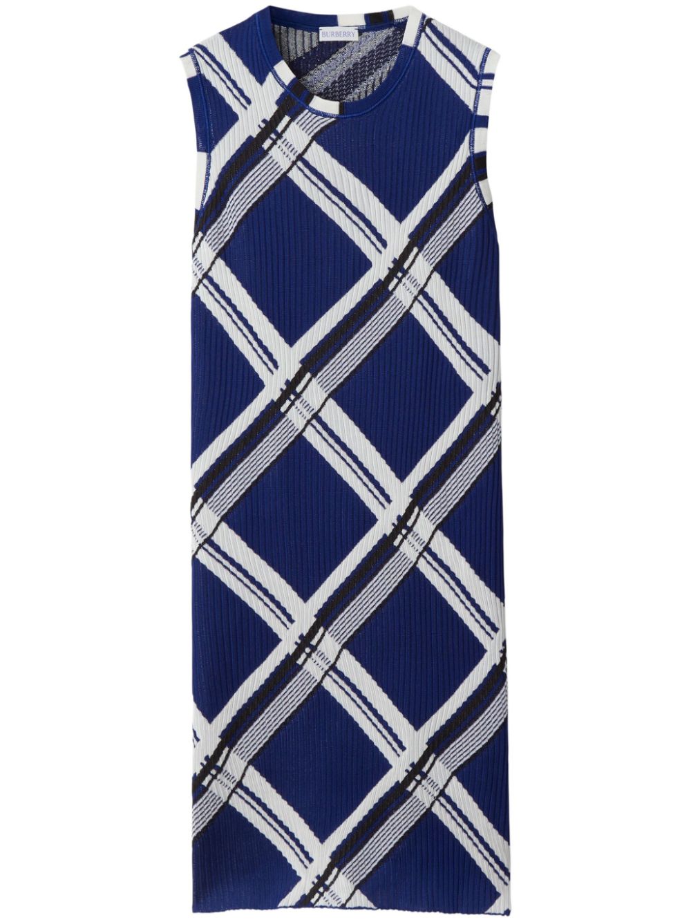 BURBERRY Navy Blue Check Silk Dress with Ribbed Detailing for Women