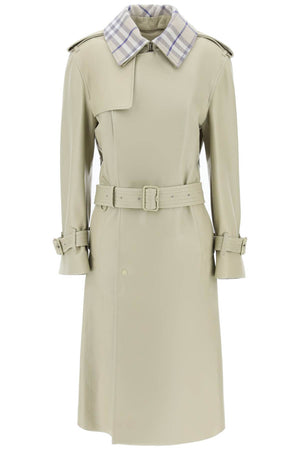 BURBERRY Double-Breasted Leather Trench Jacket with Iconic Check Collar for Women