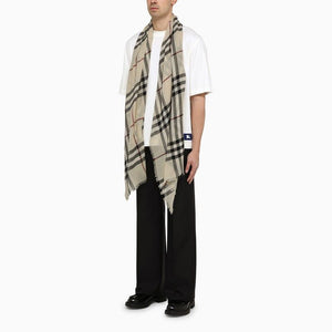 BURBERRY Men's Check Wool Scarf in Light Cream with Grey Pattern