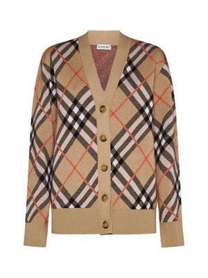 BURBERRY Check Cashmere Cardigan in Sand Beige/Black/White/Red