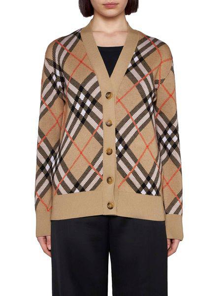 BURBERRY Check Cashmere Cardigan in Sand Beige/Black/White/Red