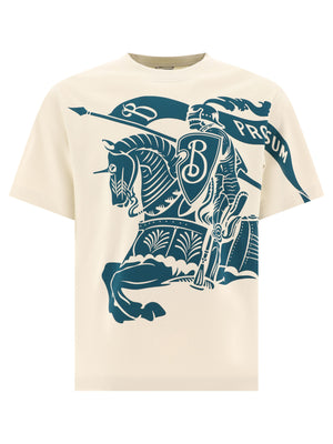 BURBERRY Cream and Light Blue Equestrian Knight Print T-Shirt for Men