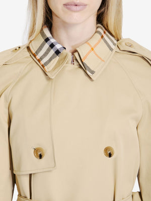 BURBERRY Classic Beige Cotton Raincoat with Check Detail