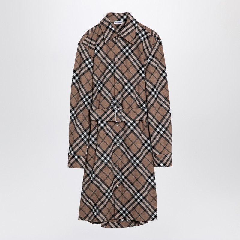 BURBERRY Check Wool Blend Midi Dress with Belt