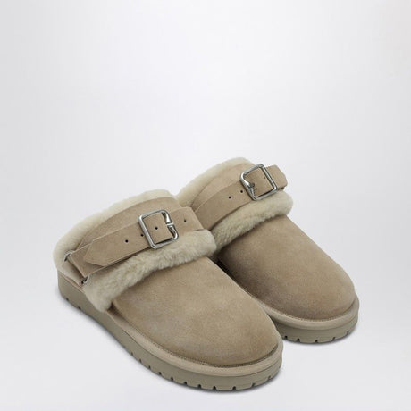 BURBERRY Chic Suede and Shearling Flat with Buckle Strap