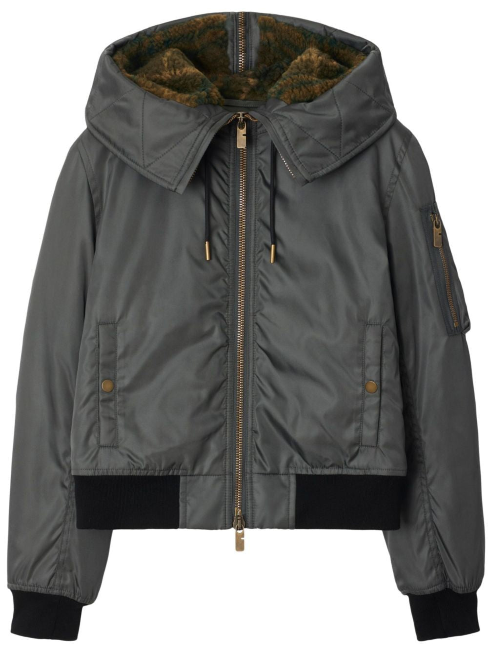 BURBERRY Metallic Grey Fitted Short Bomber with Oversized Hood