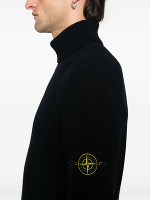 STONE ISLAND Navy Blue Wool Turtleneck Sweater