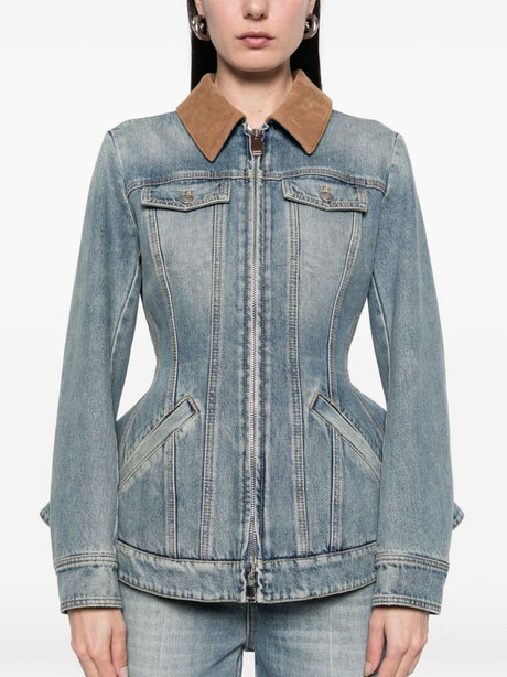 ALEXANDER MCQUEEN Corduroy Collar Peplum Denim Jacket