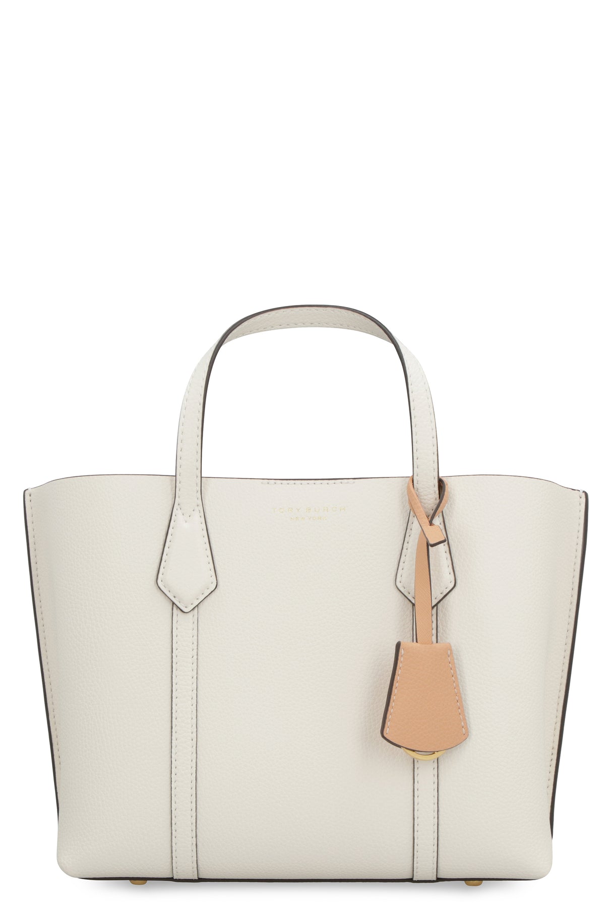 TORY BURCH Small Perry Beige Grained Leather Tote with Gold-Tone Accents and Convertible Strap