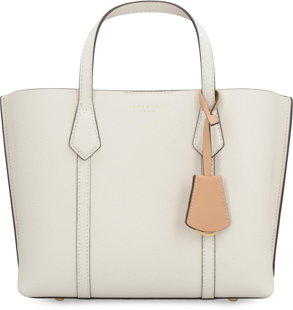 TORY BURCH Small Perry Beige Grained Leather Tote with Gold-Tone Accents and Convertible Strap