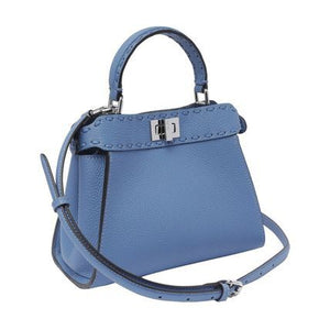 FENDI Light Blue Grained Leather Mini Handbag with Tone-on-Tone Stitching and Palladium Hardware