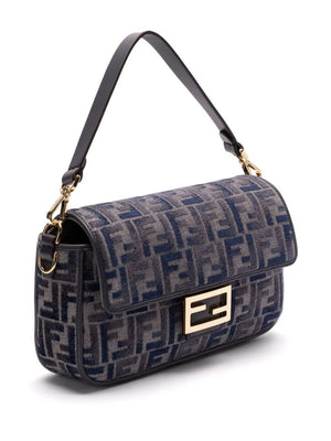 FENDI Dark Blue Chenille Medium Baguette Handbag