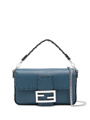 FENDI Mini Baguette Light Blue Leather Handbag with Stitch Detail and Convertible Straps