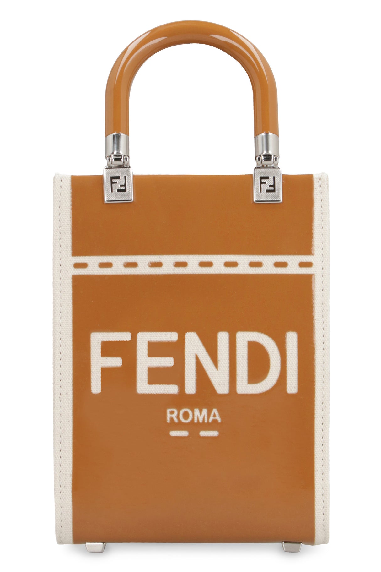 FENDI Mini Sunshine Top-Handle Canvas Tote with Patent Leather Accents and Shoulder Strap, Tan - SS24