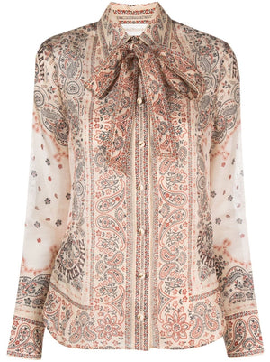 ZIMMERMANN Multicolored Silk and Linen Shirt with Removable Bow