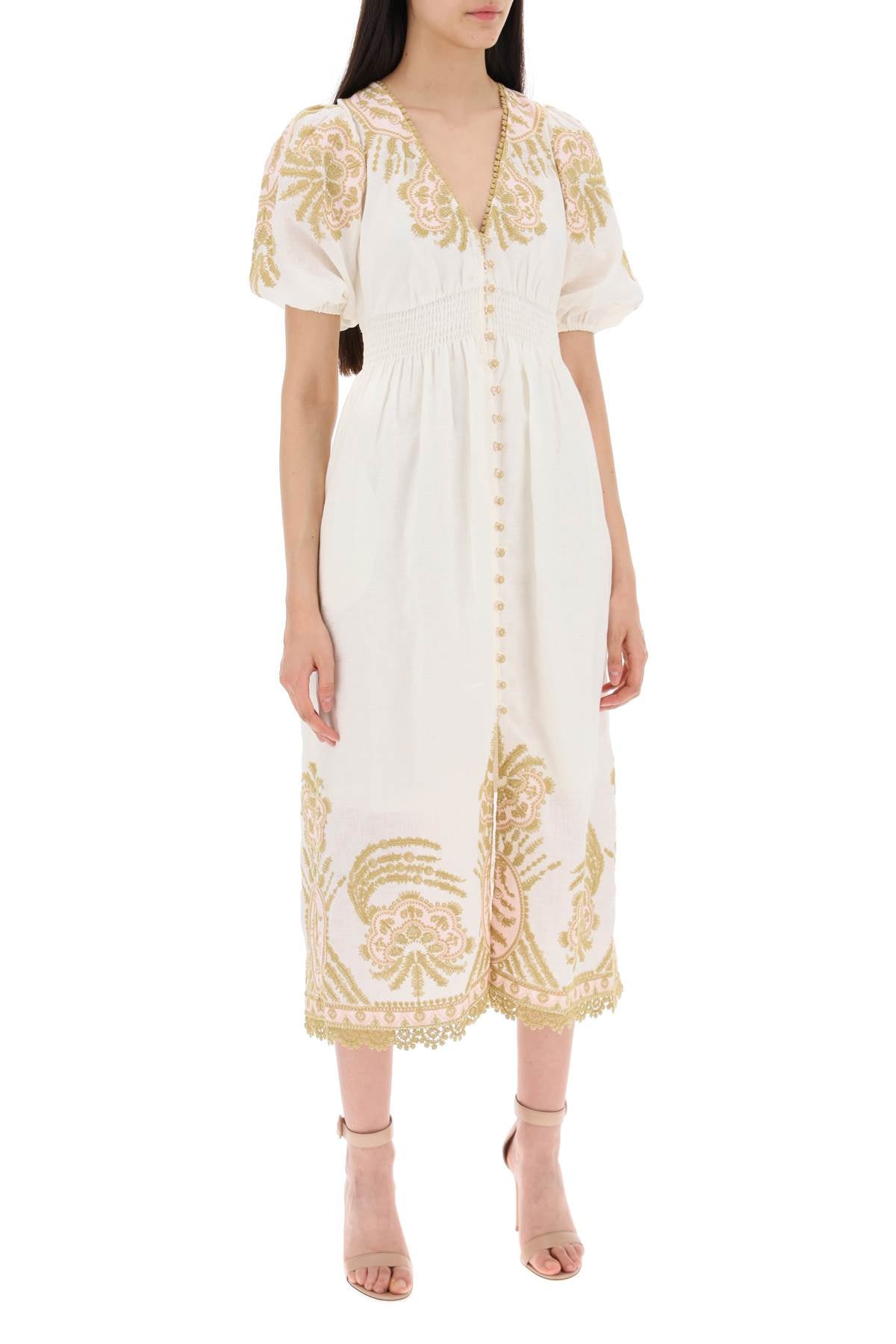 ZIMMERMANN Waverly White Linen Embroidered Midi Dress