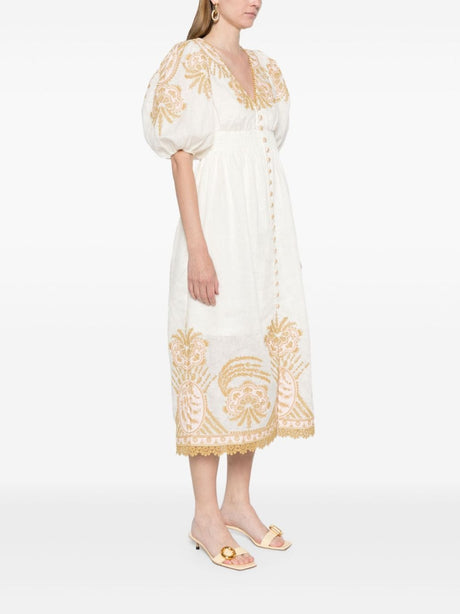 ZIMMERMANN Embroidered Cream Linen Midi Dress