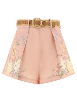 ZIMMERMANN High-Rise Linen Mini Shorts in Pink Floral