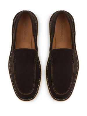 DOLCE & GABBANA Luxury Brown Suede Loafers with Logo Plaque