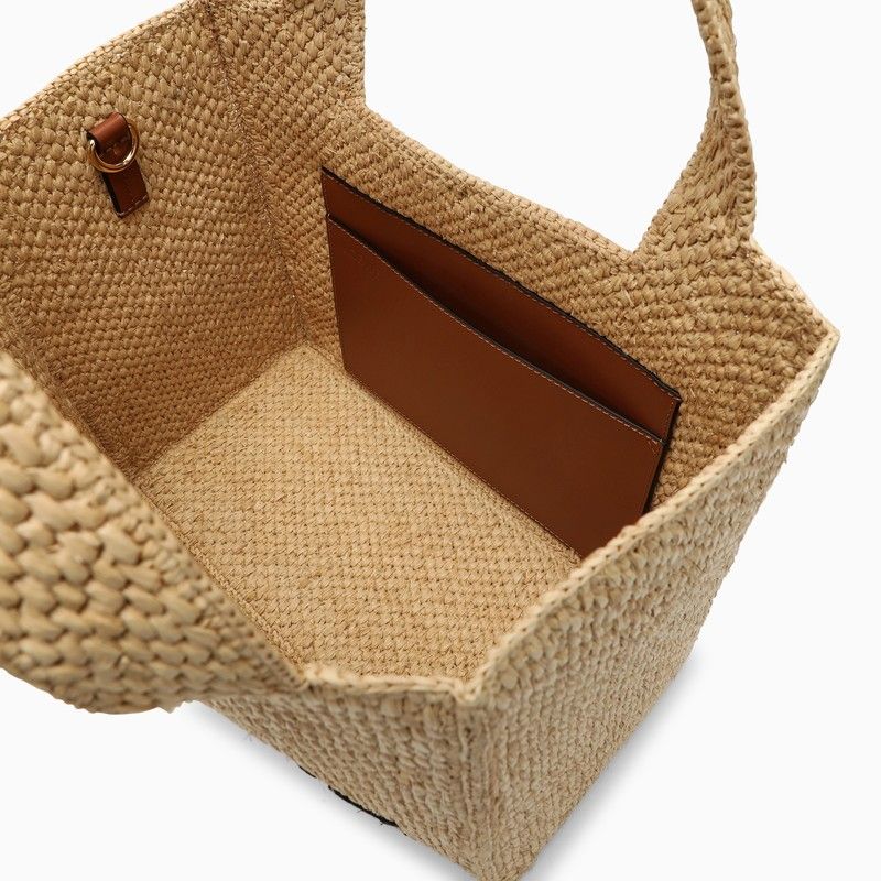 LOEWE Large Natural Raffia Tote Handbag with Adjustable Leather Strap and Silver Lettering Detail