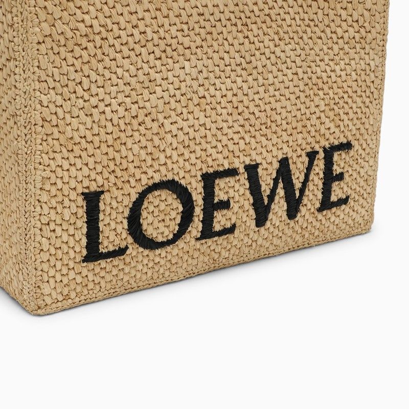 LOEWE Large Natural Raffia Tote Handbag with Adjustable Leather Strap and Silver Lettering Detail