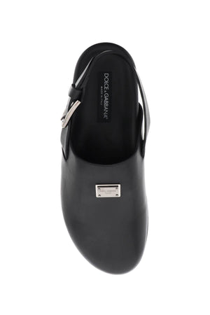 DOLCE & GABBANA Men's Black Leather Flat Sandals with Round Toeline and Back Strap