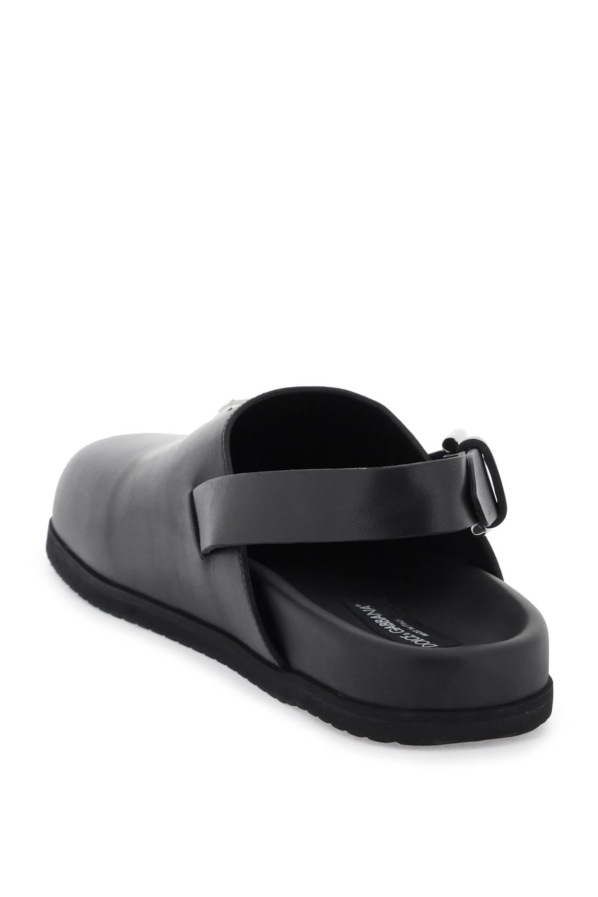 DOLCE & GABBANA Men's Black Leather Flat Sandals with Round Toeline and Back Strap