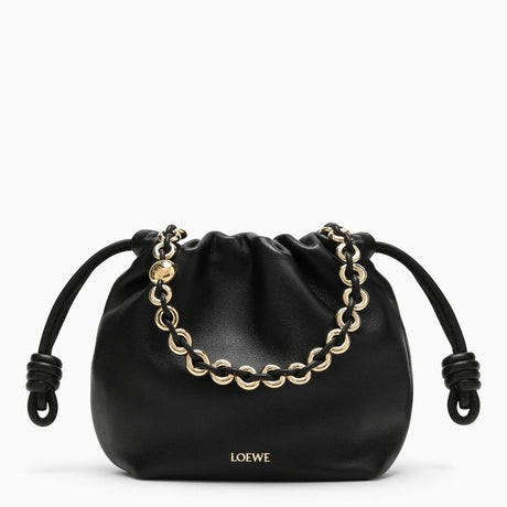 LOEWE Black Lambskin Mini Handbag with Ruched Design and Detachable Golden Chain