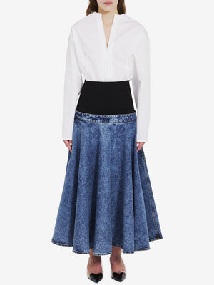 ALAIA Chic Denim Midi Skirt with Elastic Knit Waistband