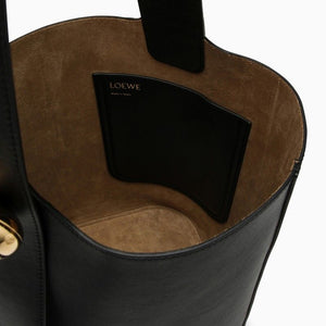 LOEWE Black Calfskin Leather Medium Bucket Handbag with Gold-Tone Accents and Adjustable Strap