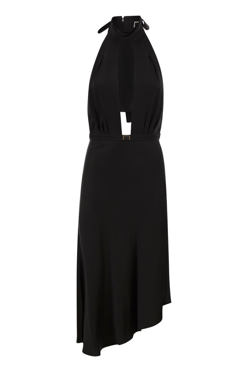 ELISABETTA FRANCHI Satin Crepe Midi Dress with Asymmetric Flared Bottom Skirt