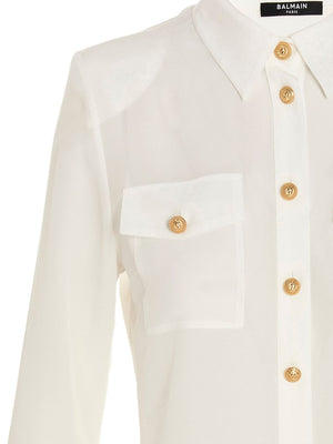 BALMAIN Blanc Buttoned Crepe of Chine Shirt for Women - FW23 Collection