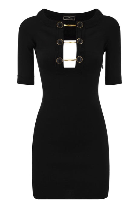 ELISABETTA FRANCHI Black Shiny Minidress with Twin Buttons and Cut-Out Motif