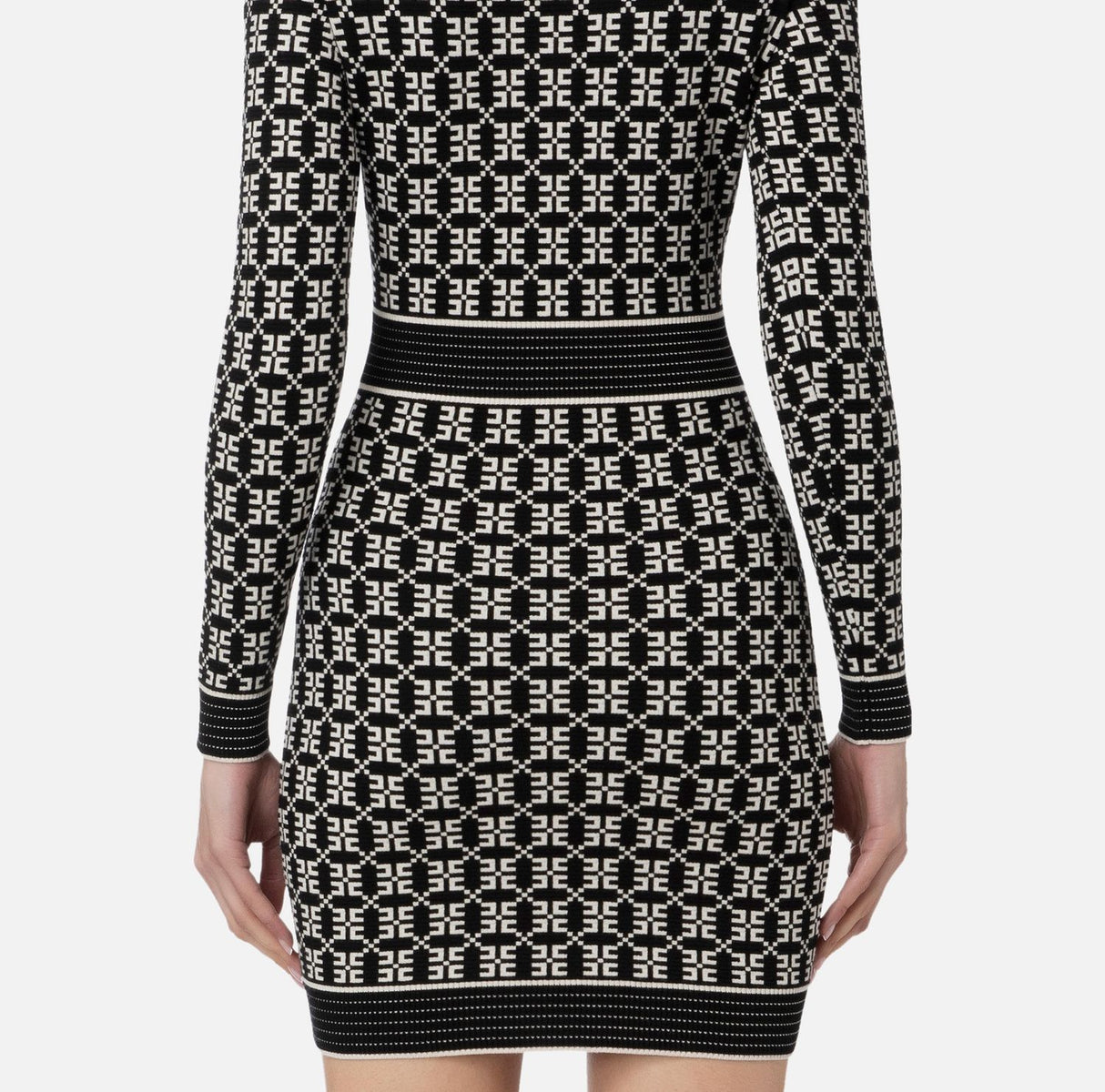 ELISABETTA FRANCHI Diamond Logo Mini-Dress in Jacquard Pique with Structured Shoulders and Gold Buttons