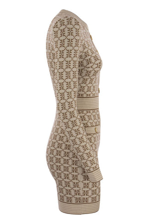 ELISABETTA FRANCHI Diamond Logo Mini-Dress in Jacquard Pique with Structured Shoulders and Gold Buttons