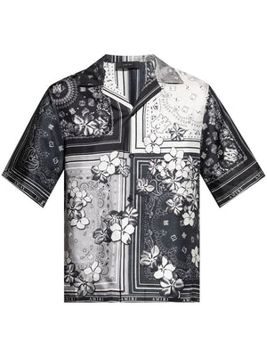 AMIRI Luxury Black Bandana Print Silk Bowling Shirt