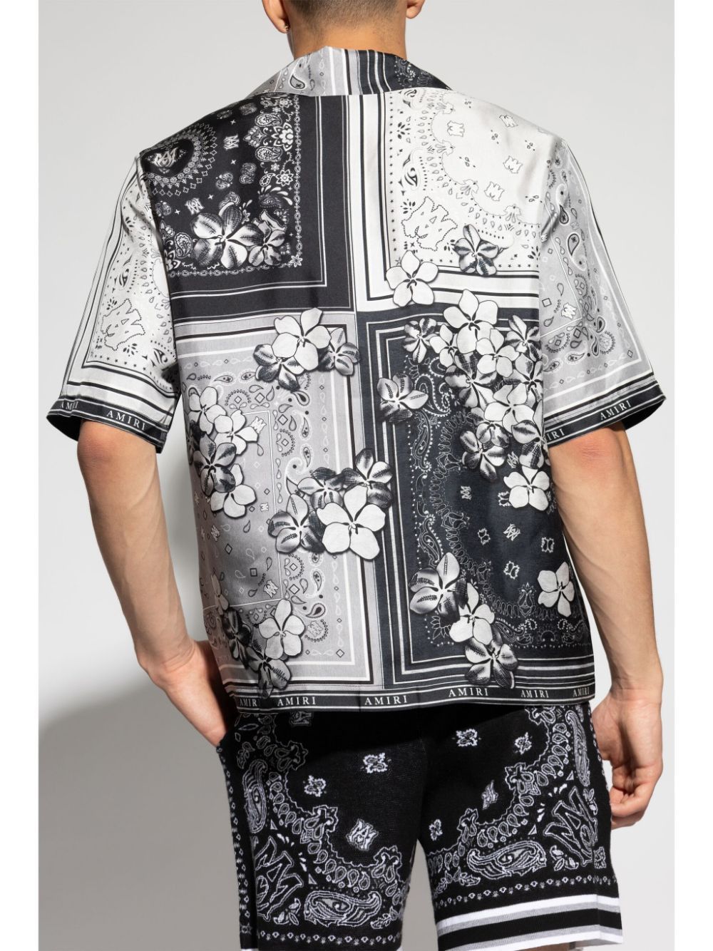 AMIRI Luxury Black Bandana Print Silk Bowling Shirt