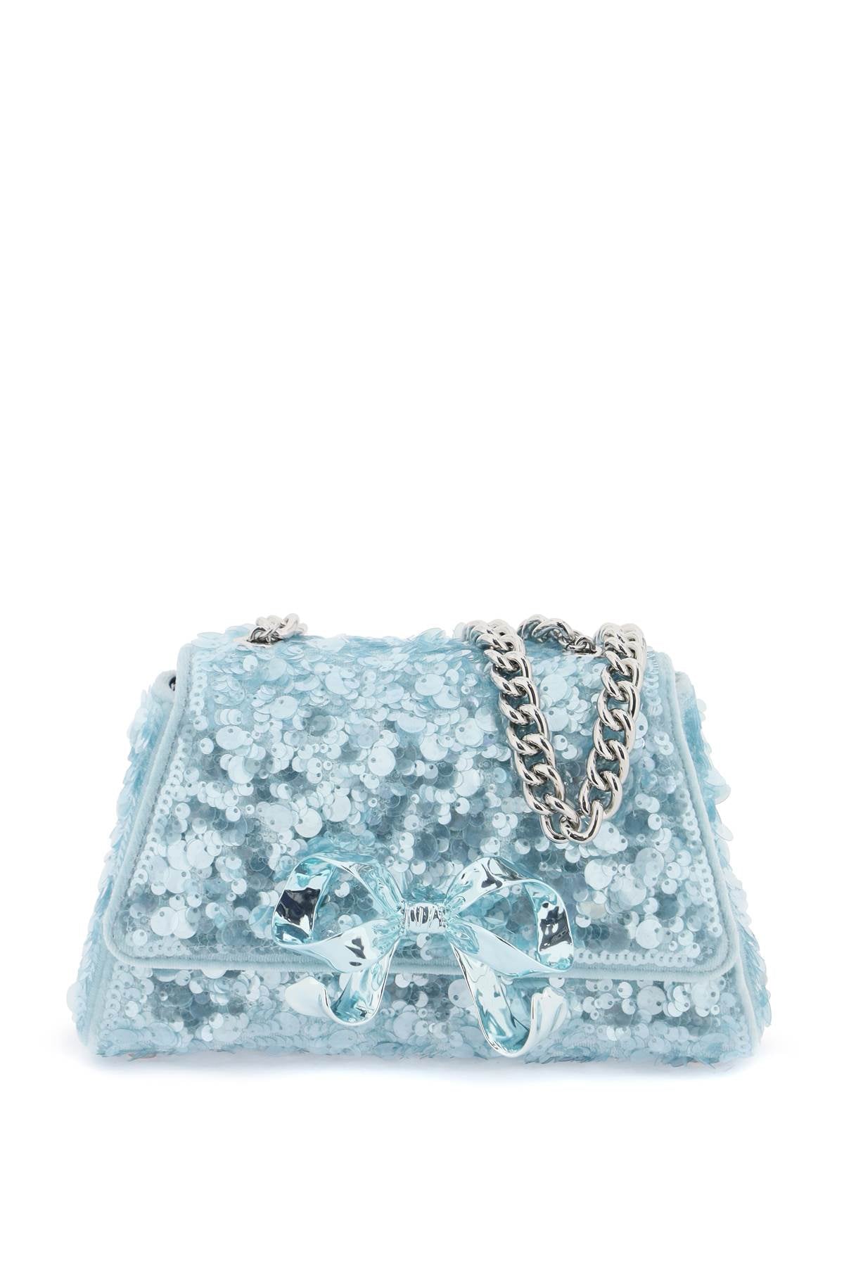 SELF-PORTRAIT Sequined Velvet Mini Shoulder Bag with Metallic Bow Detail - Light Blue