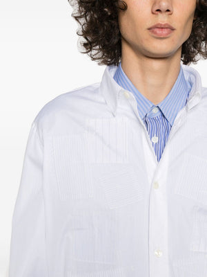 JUNYA WATANABE Men's White Cotton Patchwork Design Shirt with Classic Collar and Long Sleeves