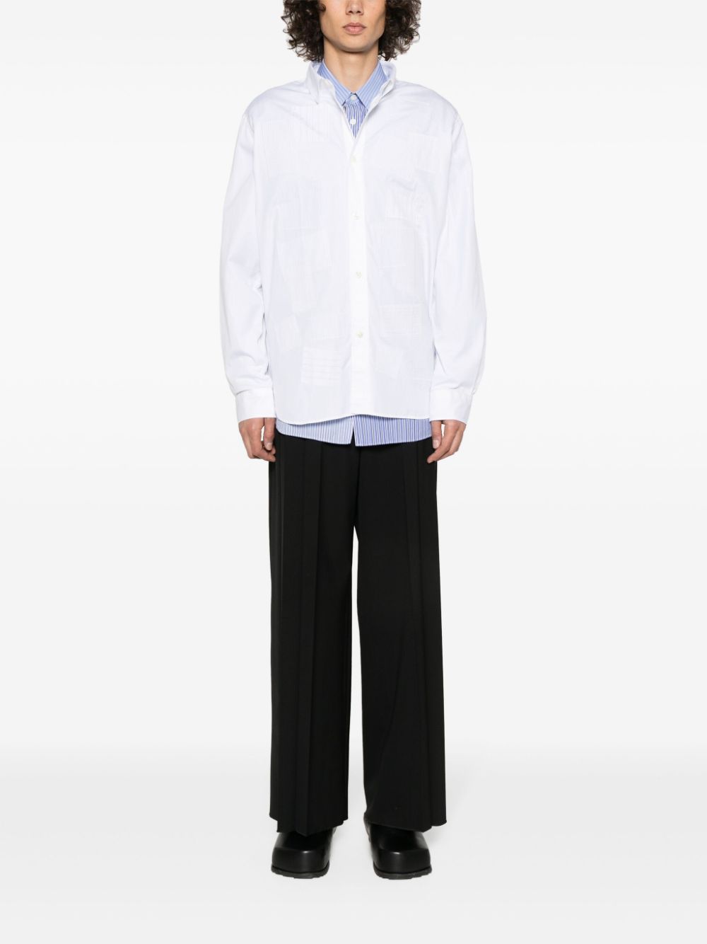 JUNYA WATANABE Men's White Cotton Patchwork Design Shirt with Classic Collar and Long Sleeves