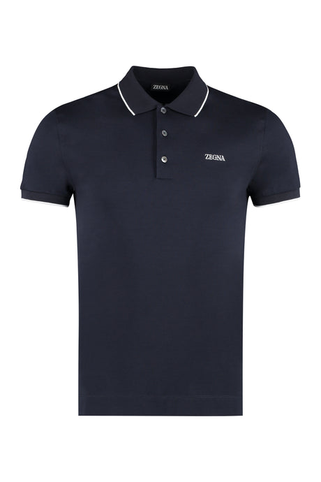 ZEGNA Blue Men's Cotton-Piqué Polo Shirt with Ribbed Collar and Sleeves