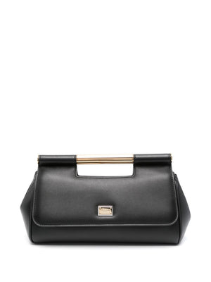 DOLCE & GABBANA Sicily Medium Black Leather Clutch with Gold-Tone Accents and Leopard Lining