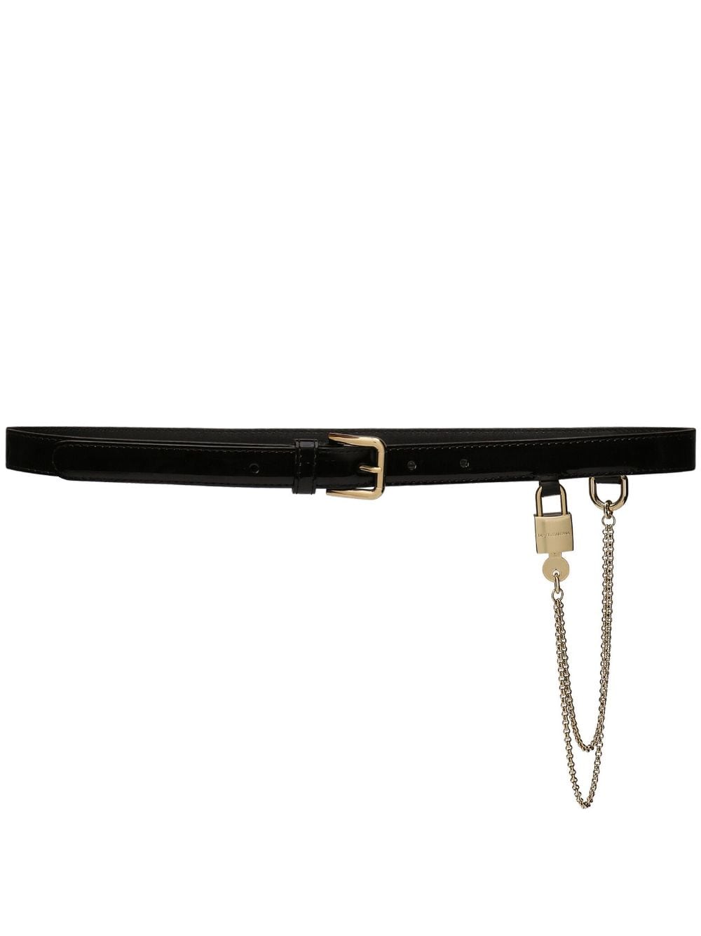 DOLCE & GABBANA Stylish Black Patent Leather Belt with Chain-Link and Padlock Detail, Adjustable Fit for Women - FW23