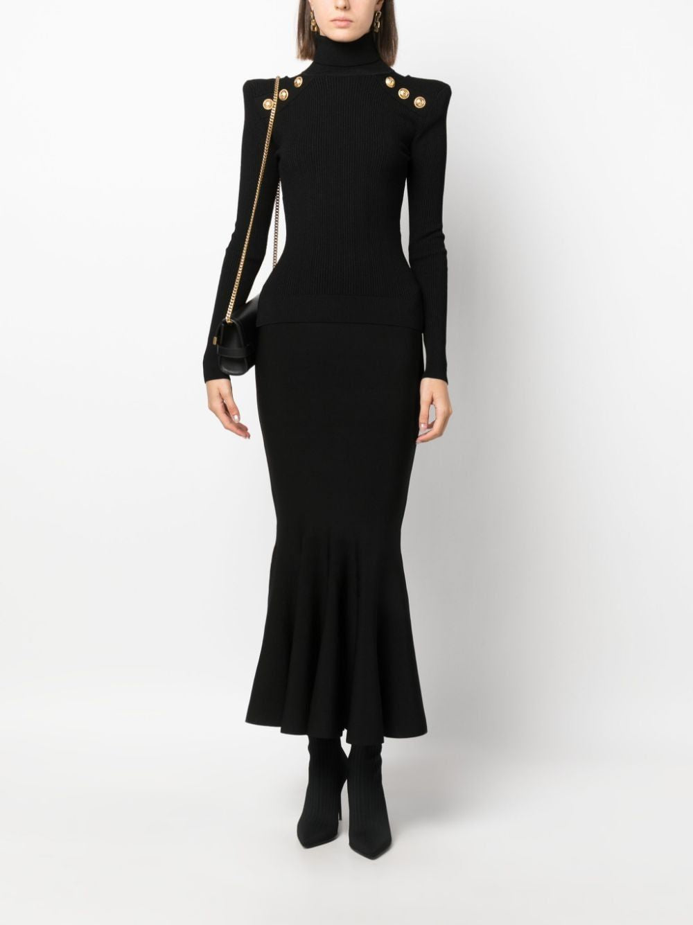 BALMAIN Black Flared Knit Midi Skirt for Women